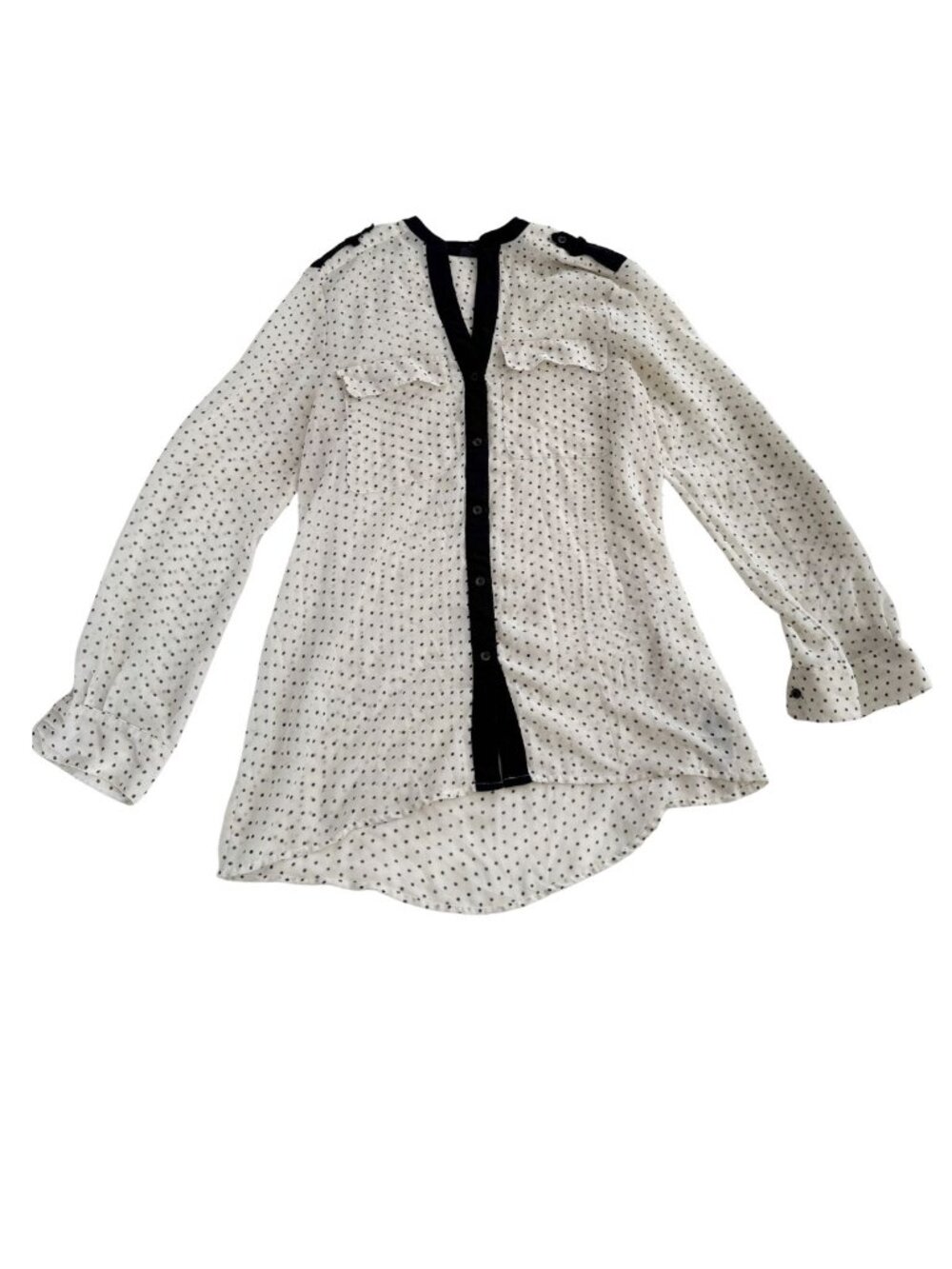 Zara White Black Polka Dot Colourblock Contrast Semi Sheer Button Down Blouse